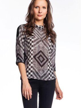 L.A.M.B. Gwen Stefani Mixed Print Top Black Ivory Blouse Plaid Check White